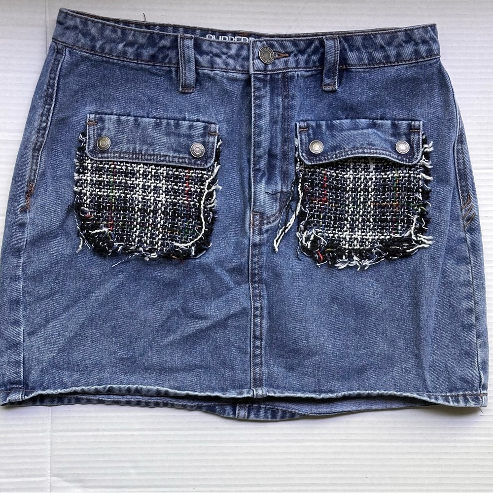 Blue Denim Skirt with Tweed Pockets Size 9/10